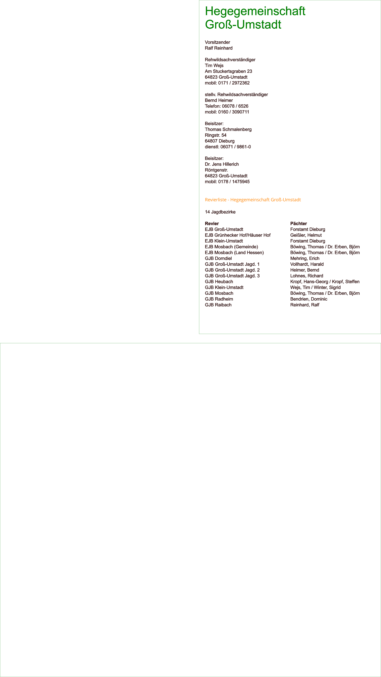 Hegegemeinschaft Groß-Umstadt  Vorsitzender Ralf Reinhard  Rehwildsachverständiger Tim Wejs Am Stuckertsgraben 23 64823 Groß-Umstadt mobil: 0171 / 2972362  stellv. Rehwildsachverständiger Bernd Heimer Telefon: 06078 / 6526 mobil: 0160 / 3090711  Beisitzer: Thomas Schmalenberg Ringstr. 54 64807 Dieburg dienstl: 06071 / 9861-0  Beisitzer: Dr. Jens Hillerich Röntgenstr. 64823 Groß-Umstadt mobil: 0178 / 1475945   Revierliste - Hegegemeinschaft Groß-Umstadt  14 Jagdbezirke  Revier 								Pächter EJB Groß-Umstadt 					Forstamt Dieburg EJB Grünhecker Hof/Häuser Hof 		Geißler, Helmut EJB Klein-Umstadt 					Forstamt Dieburg EJB Mosbach (Gemeinde) 				Böwing, Thomas / Dr. Erben, Björn EJB Mosbach (Land Hessen) 			Böwing, Thomas / Dr. Erben, Björn GJB Dorndiel 							Mehring, Erich GJB Groß-Umstadt Jagd. 1 				Vollhardt, Harald GJB Groß-Umstadt Jagd. 2 				Heimer, Bernd GJB Groß-Umstadt Jagd. 3				Lohnes, Richard GJB Heubach 						Kropf, Hans-Georg / Kropf, Steffen GJB Klein-Umstadt 					Wejs, Tim / Winter, Sigrid GJB Mosbach 						Böwing, Thomas / Dr. Erben, Björn GJB Radheim 						Bendrien, Dominic GJB Raibach 							Reinhard, Ralf